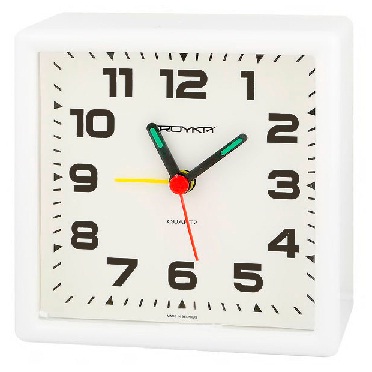 Настольные часы-будильник, пласт.корп, 95*95мм,минер. стекло, кварц.механ. с сигналом